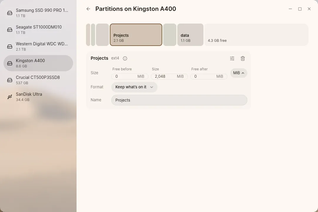 The partition editor in Disks, with a new partition planned