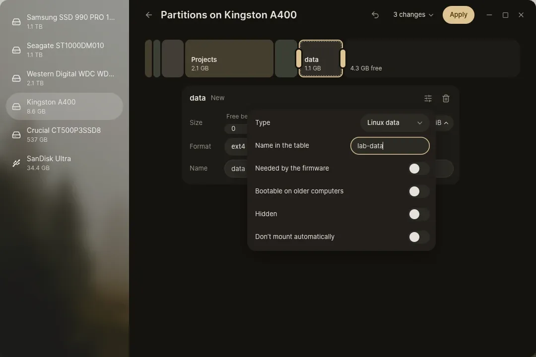 The partition editor in Disks, with a new partition planned