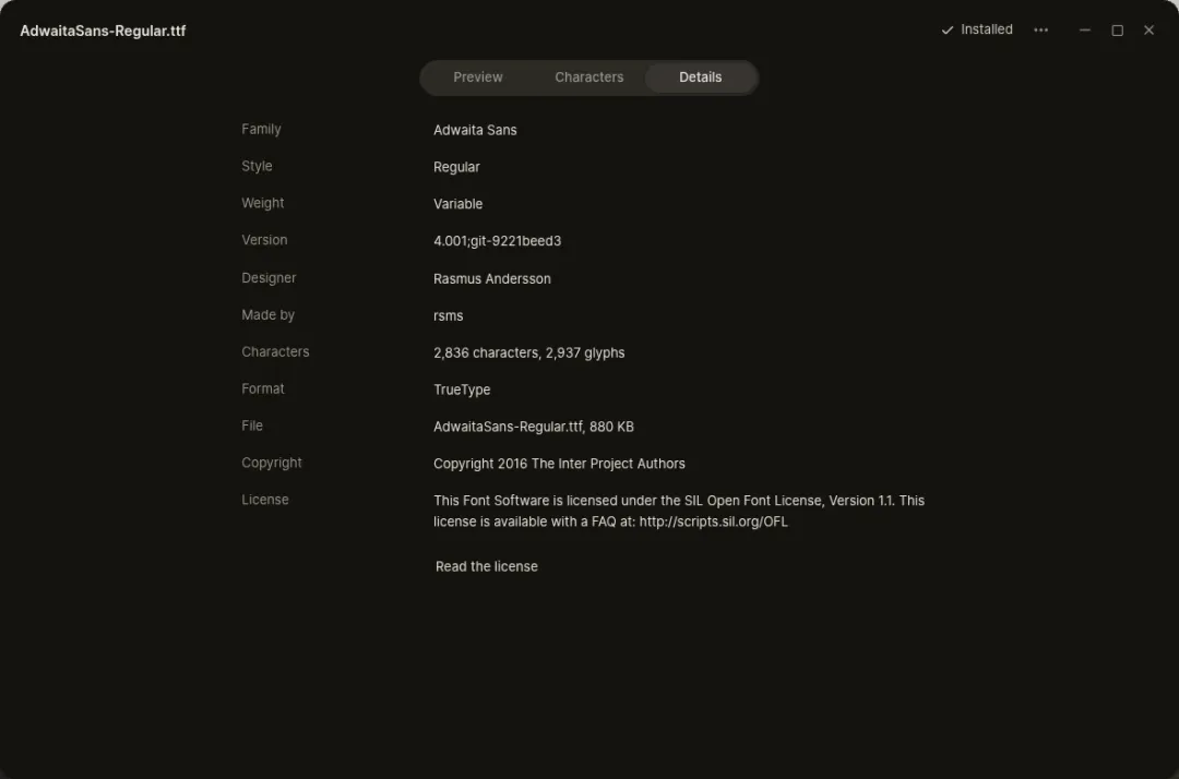 Magpie showing the details of a font