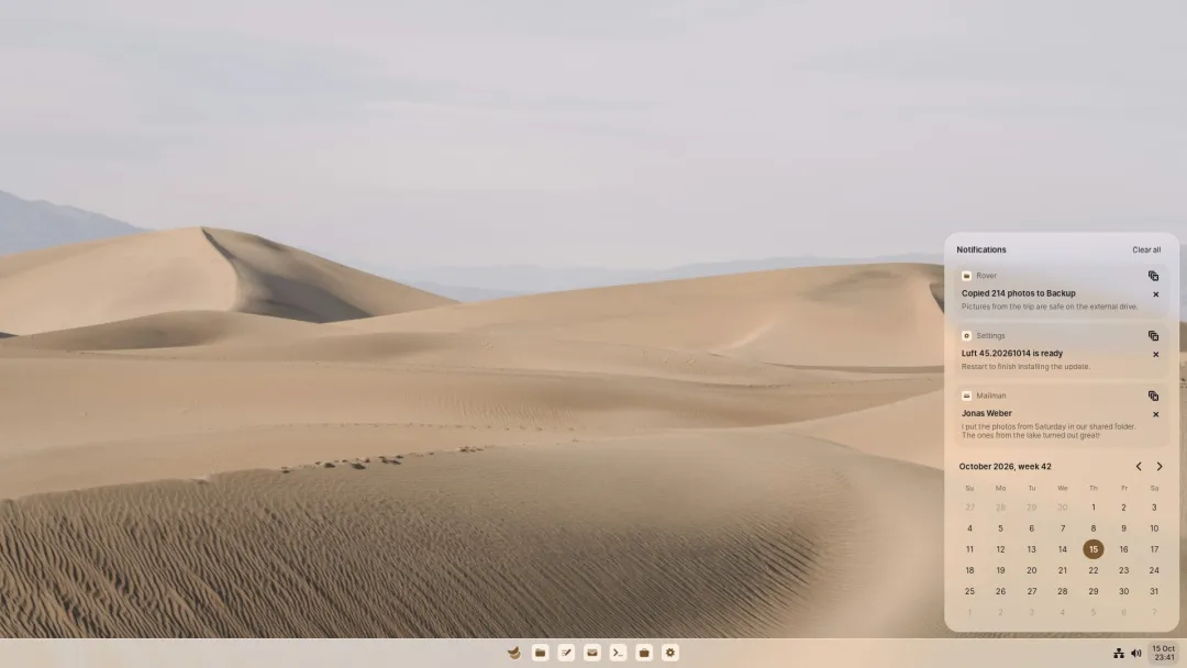 The notification center with a media player, notifications and the calendar