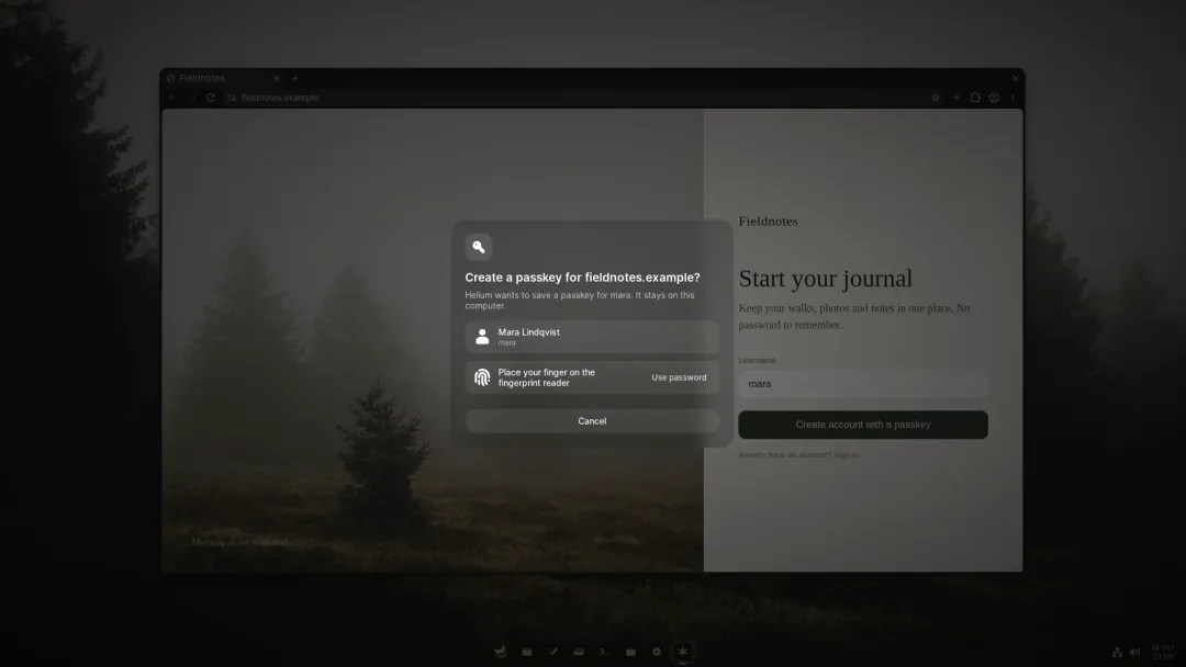 Creating a passkey in Helium, confirmed with a fingerprint