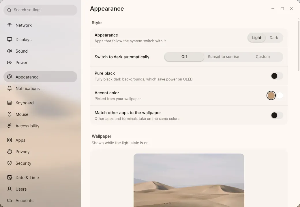 The Appearance page in Settings