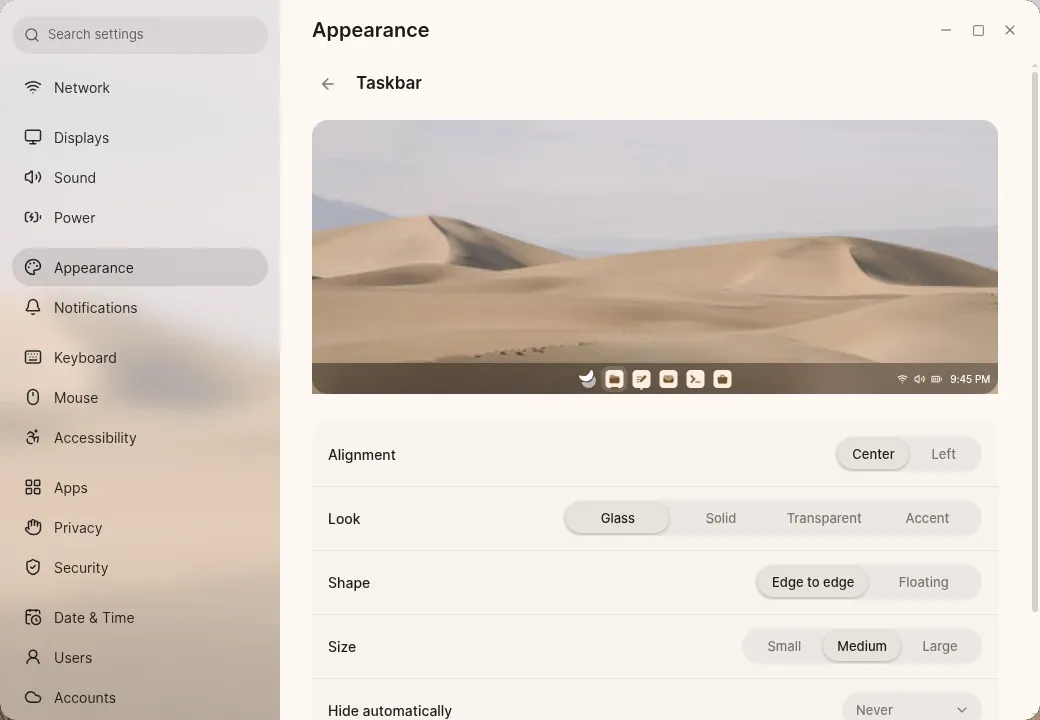 The taskbar's options in Settings, with a preview