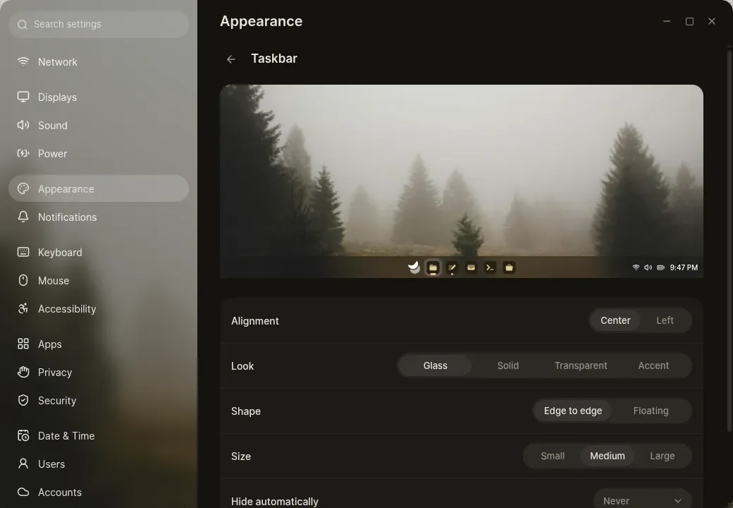 The taskbar's options in Settings, with a preview