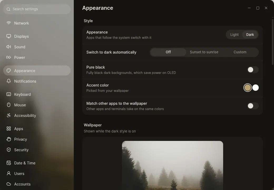 The Appearance page in Settings