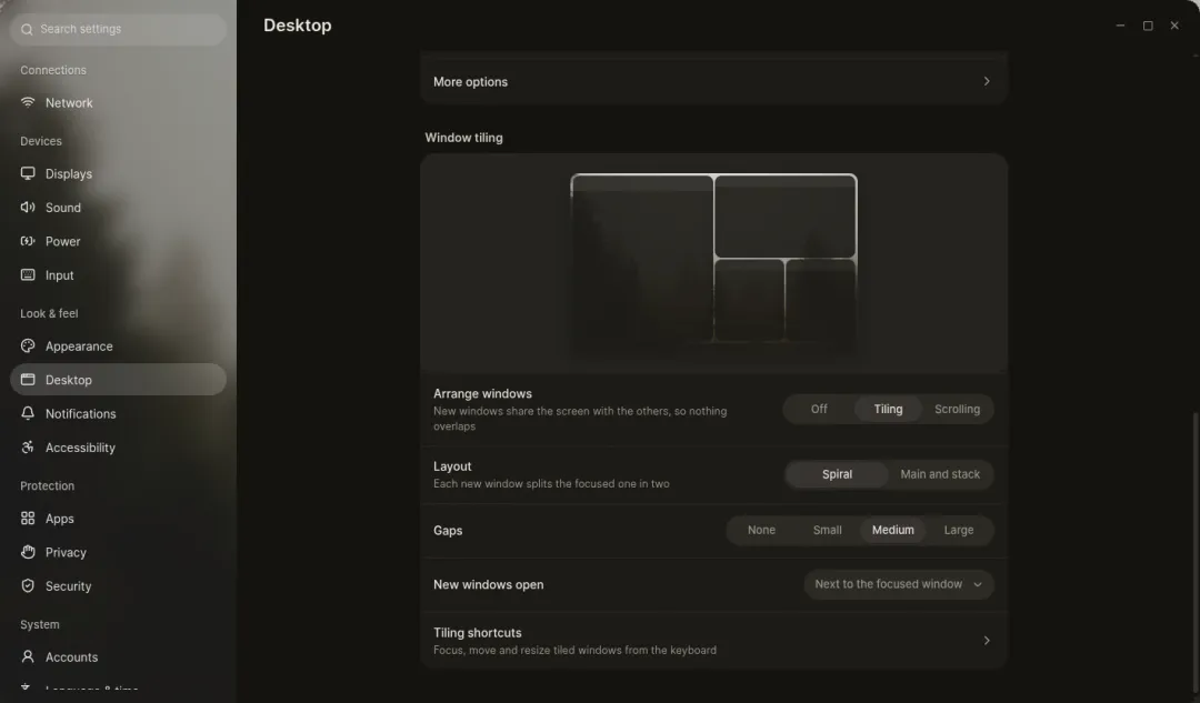 Window tiling in Settings, with a preview of the layout