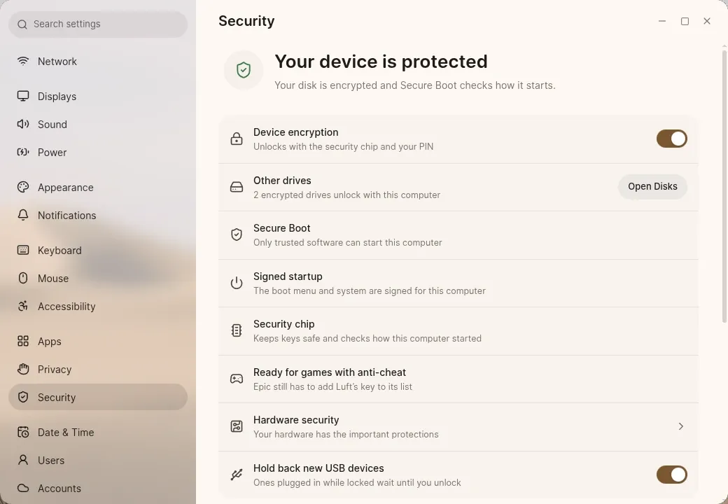 The Security page in Settings