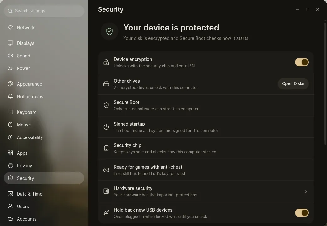 The Security page in Settings