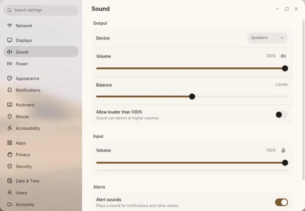 The Sound page in Settings