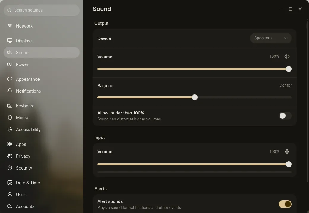 The Sound page in Settings