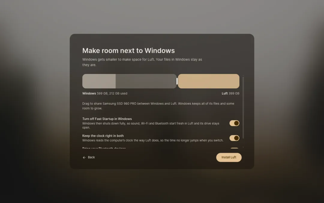 Install Luft sharing a drive with Windows, with a bar to choose the sizes